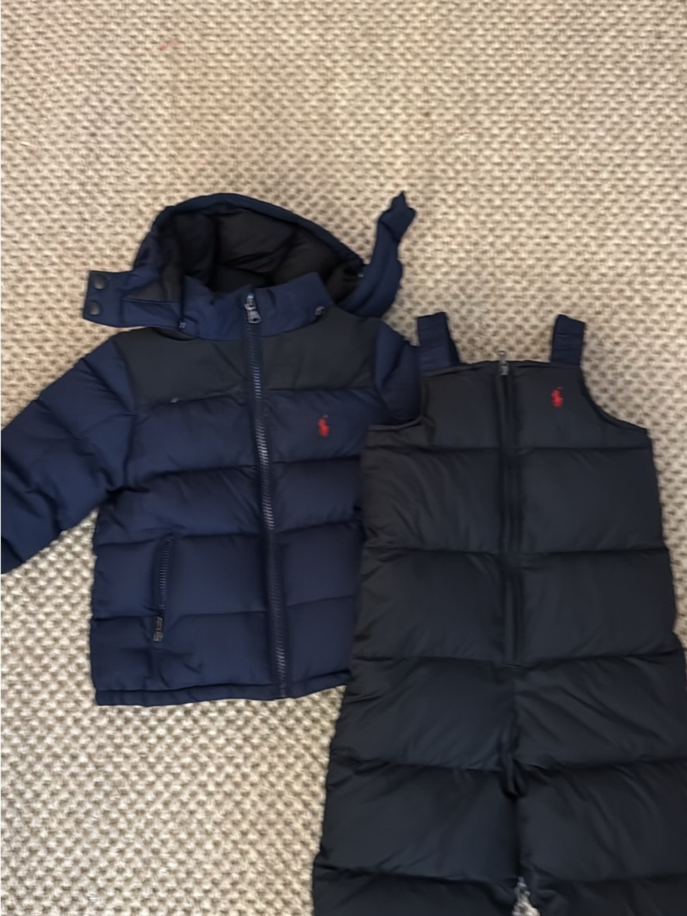Ralph Lauren Navy Blue Puffer Jacket and Black Snow Bibs Set